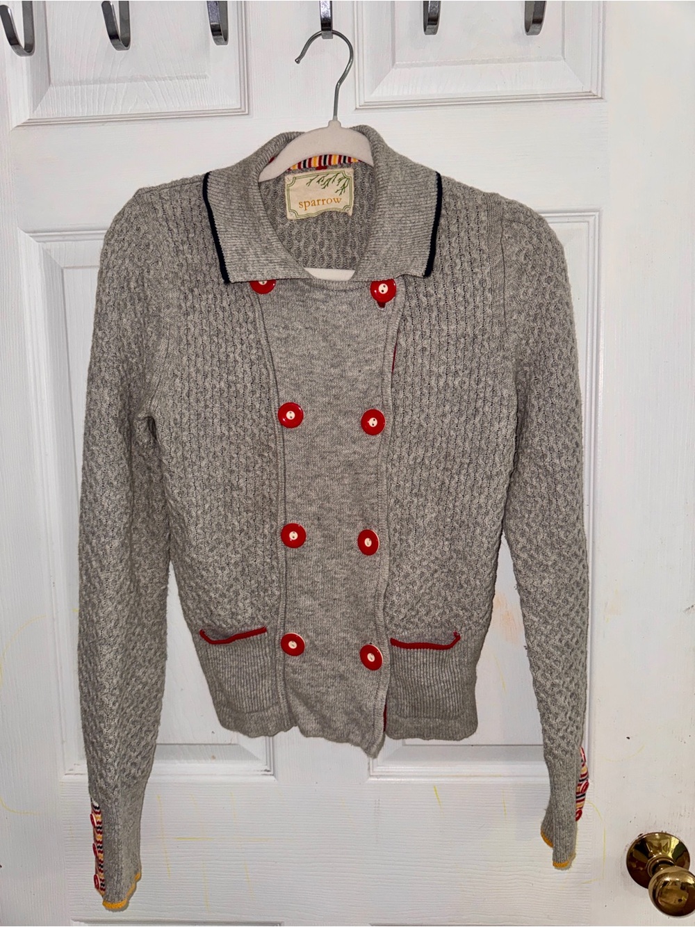 Stretchy Sparrow Gray Cable-Knit Cardigan with Red Button Accents - as is